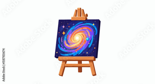 A painting of a colorful spiral galaxy on a wooden easel