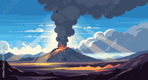 A stylized digital illustration of an erupting volcano in a sunlit mountainous landscape