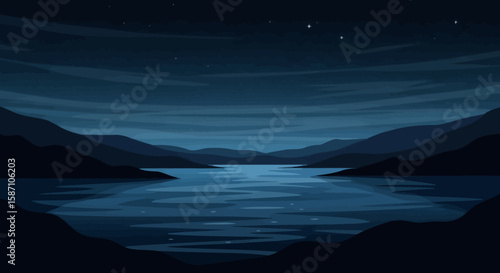 A tranquil nighttime landscape of a lake between mountains under a starry sky in a pixel art style