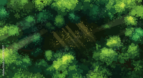 A topdown illustrated view of a lush green forest canopy with sunbeams and glowing specks of light