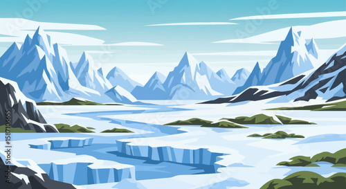 A vast frozen arctic landscape featuring jagged snowcovered mountains and a winding icy river
