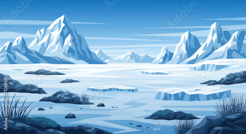 A vast frozen polar landscape with jagged snowcovered mountains a frozen sea and rocky shores