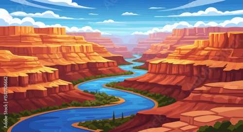 A vibrant cartoon illustration of a grand canyon with a winding river under a partly cloudy sky
