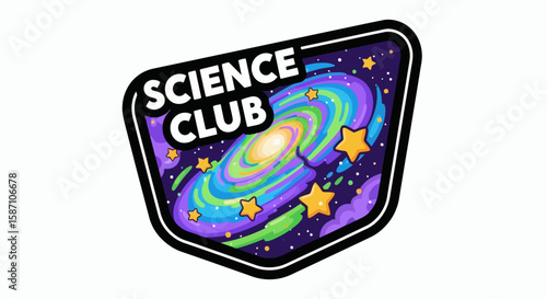 A vibrant Science Club patch with a stylized galaxy and stars set against a dark purple starfilled background