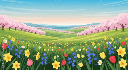 A vibrant spring landscape with a field of colorful wildflowers rolling green hills and pink blossoming trees