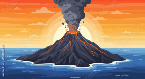 A volcanic island erupting with lava and smoke against an orange sunset sky