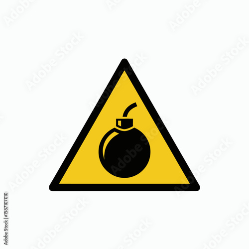 A yellow triangular warning sign with a black bomb icon