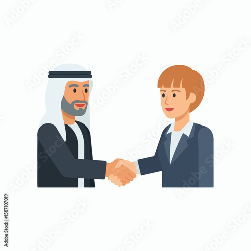 An Arab man in traditional attire shaking hands with a woman in a business suit