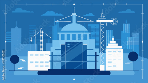 The detailed blueprint is the focal point of the shot with the bustling construction site blurred in the background representing the careful. Vector illustration
