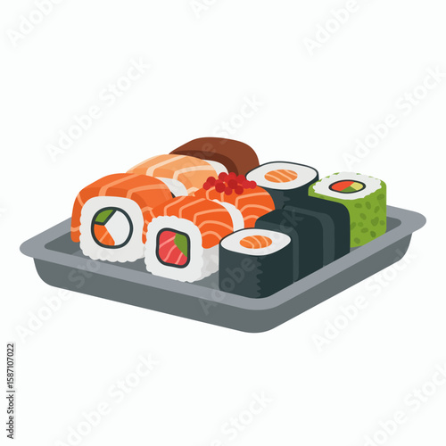 An assortment of sushi including salmon nigiri and various maki rolls presented on a grey serving tray