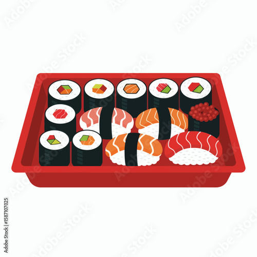 An assortment of sushi including maki and nigiri on a red tray