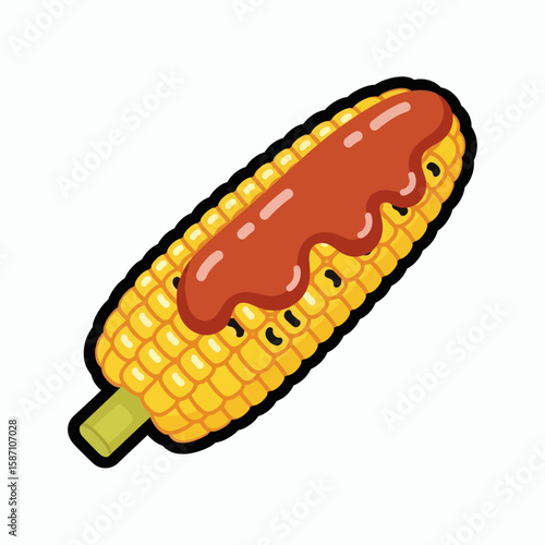 An illustration of a grilled corn on the cob on a stick topped with a red sauce