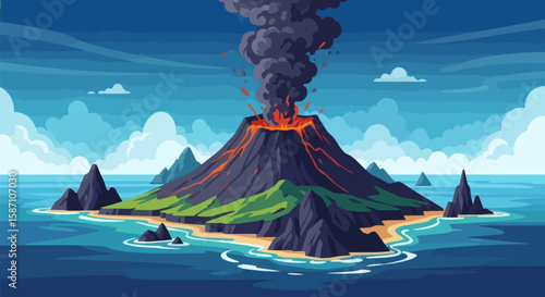An erupting volcano on a tropical island in the middle of the ocean spewing smoke and lava