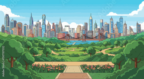 An illustrated view of a bustling city skyline as seen from a vibrant green park on a sunny day with a clear blue sky