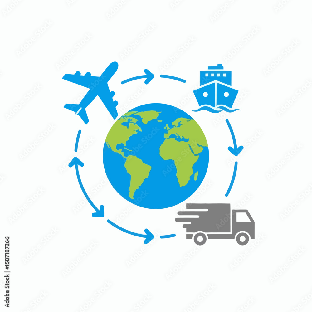 Fototapeta premium Global logistics and delivery concept with an airplane cargo ship and truck circling the Earth