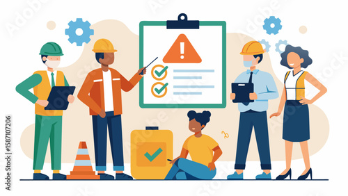 Regular safety meetings and inspections should be conducted to identify and address any potential safety hazards and ensure compliance with safety. Vector illustration
