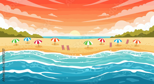 Colorful illustration of a beach at sunset with umbrellas deck chairs and waves crashing on the shore