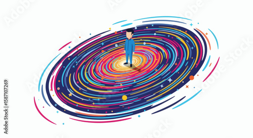Isometric man in a blue suit stands at the center of a colorful abstract spiral galaxy against a white background
