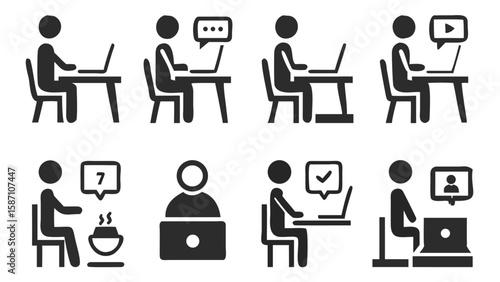 Icons Depicting People Working at Desks with Laptops, Engaging in Various Activities Such as Communication, Watching Videos, and Completing Tasks