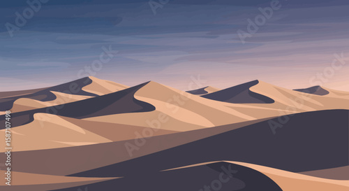 Rolling sand dunes in a vast desert landscape under a twilight sky