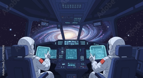 View from behind two astronauts in the cockpit of a spaceship flying towards a massive spiral galaxy in deep space