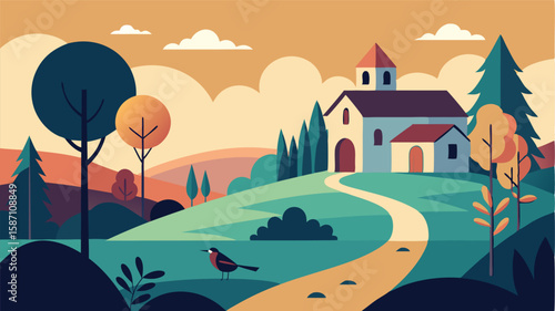 The quiet stillness of a secluded hamlet is interrupted only by the gentle rustle of leaves and the occasional chirp of a bird.