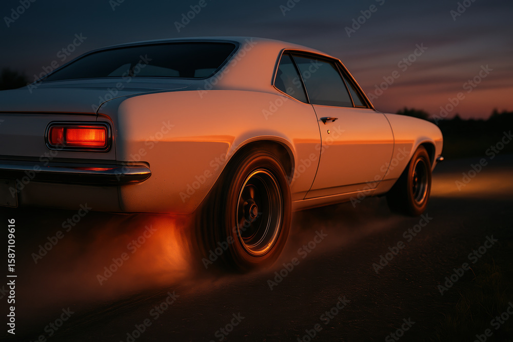 Fototapeta premium Classic muscle car driving on rural road at sunset, illuminated by dramatic evening light, showcasing vintage automotive design