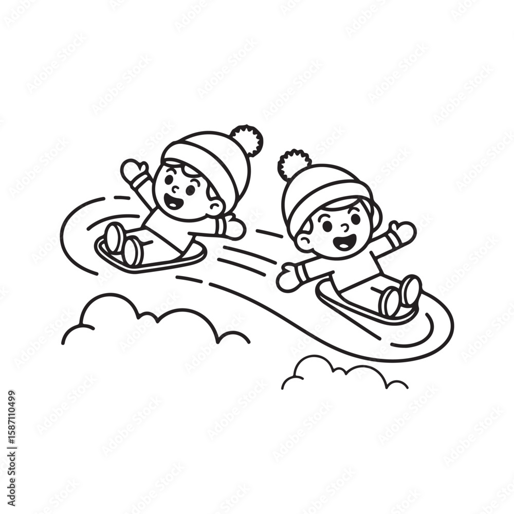 Obraz premium Winter Kids Coloring Page Vector – Children Playing in Snow, Snowman, and Sledding Line Art, winter kids coloring page, snow play children illustration, vector line art winter scene, victor art 