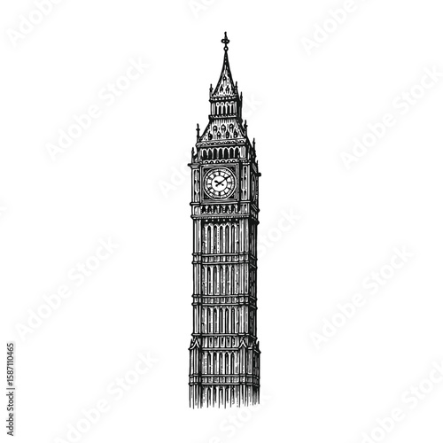 Big Ben Clock Tower London - Landmark Engraving, drawn in an engraved, woodcut style with fine details sketch engraving vector illustration. 