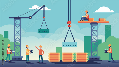 Massive cranes lifting and placing massive concrete piles carefully coordinating with the construction team on the ground.. Vector illustration