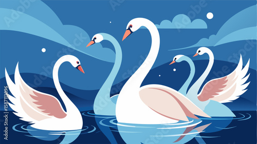 The stillness of the water is interrupted by graceful swans gliding by their long necks arched in elegant curves.