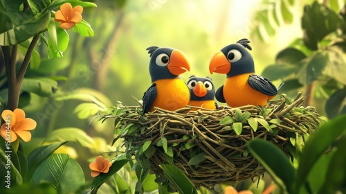 Three cartoon birds in a nest amongst lush foliage.