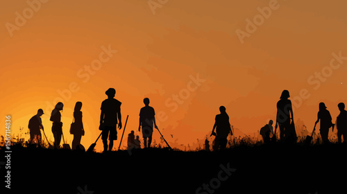 Silhouette of Adolescents Volunteering at Sunset – Youth Community Service Illustration

