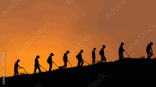 Silhouette of Adolescents Working in Volunteer Group at Sunset
