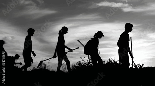 Silhouette of Adolescents Working in Volunteer Group at Sunset