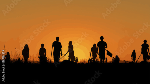 Silhouette of Adolescents Working in Volunteer Group at Sunset