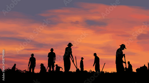 Silhouette of Adolescents Working in Volunteer Group at Sunset