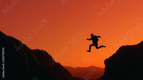 Silhouette of Boy Jumping Over Mountains at Sunset