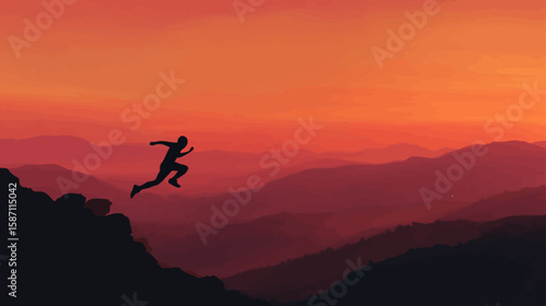 Silhouette of Boy Jumping Over Mountains at Sunset