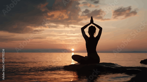  Silhouette of Caucasian Woman Practicing Yoga at the Seashore on White Background