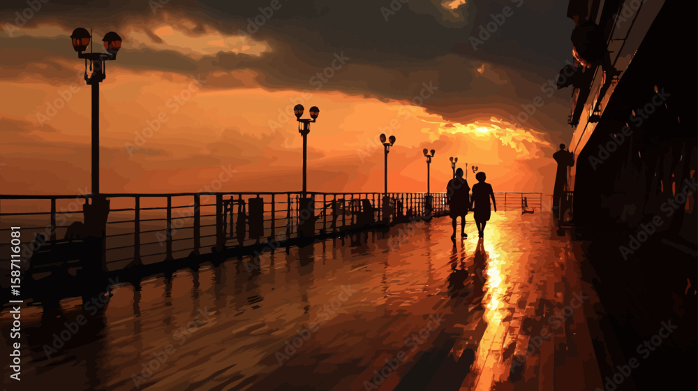 Silhouette of Couple Walking on Cruise Ship Deck at Sunset Silhouette of Couple Walking on Cruise Ship Deck at Sunset