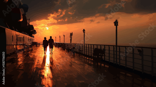 Silhouette of Couple Walking on Cruise Ship Deck at Sunset