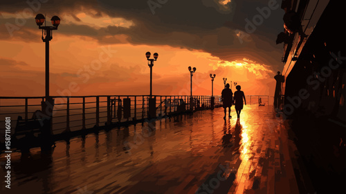 Silhouette of Couple Walking on Cruise Ship Deck at Sunset