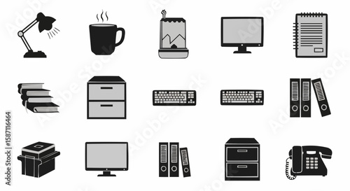 Work From Home Icons – Laptop, Coffee Cup, Desktop Setup Vector Collection