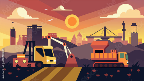 The sound of heavy machinery awakening the quiet stillness of the dawn signaling the start of a busy day.. Vector illustration