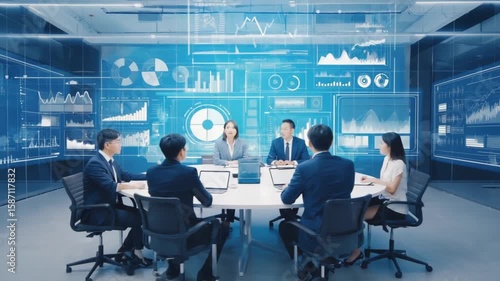 Team collaborates during meeting in a high tech office, discussing business strategy, with charts and data visualization displayed