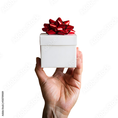Minimalistic White Gift Box with Bright Red Ribbon and Bow Held in Human Hand, Realistic High-Detail 4K Studio Shot, Elegant Holiday or Celebration Concept