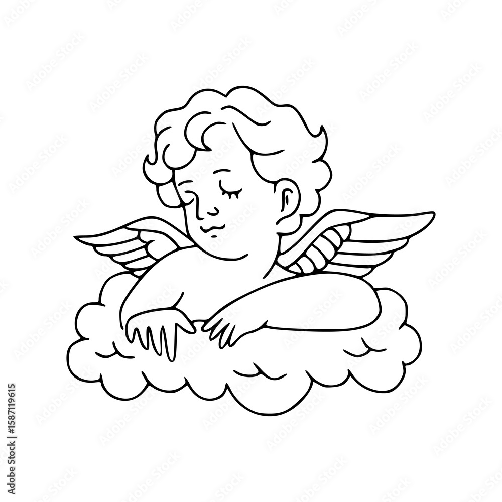 Fototapeta premium cute cherub on cloud line art illustration