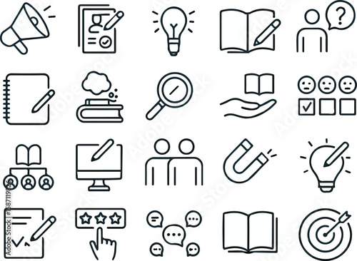 Brand storytelling and inbound marketing concept editable stroke outline icons set isolated on white background flat vector illustration