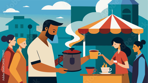 The scent of freshly brewed coffee mingles with the aroma of sizzling street food luring marketgoers to its source amidst the lively city flea market atmosphere.